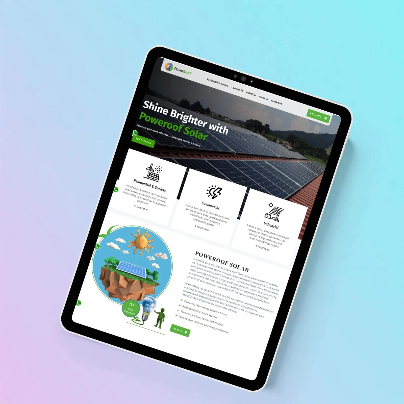 Poweroof Solar website designed by CoregenX, shown on a tablet